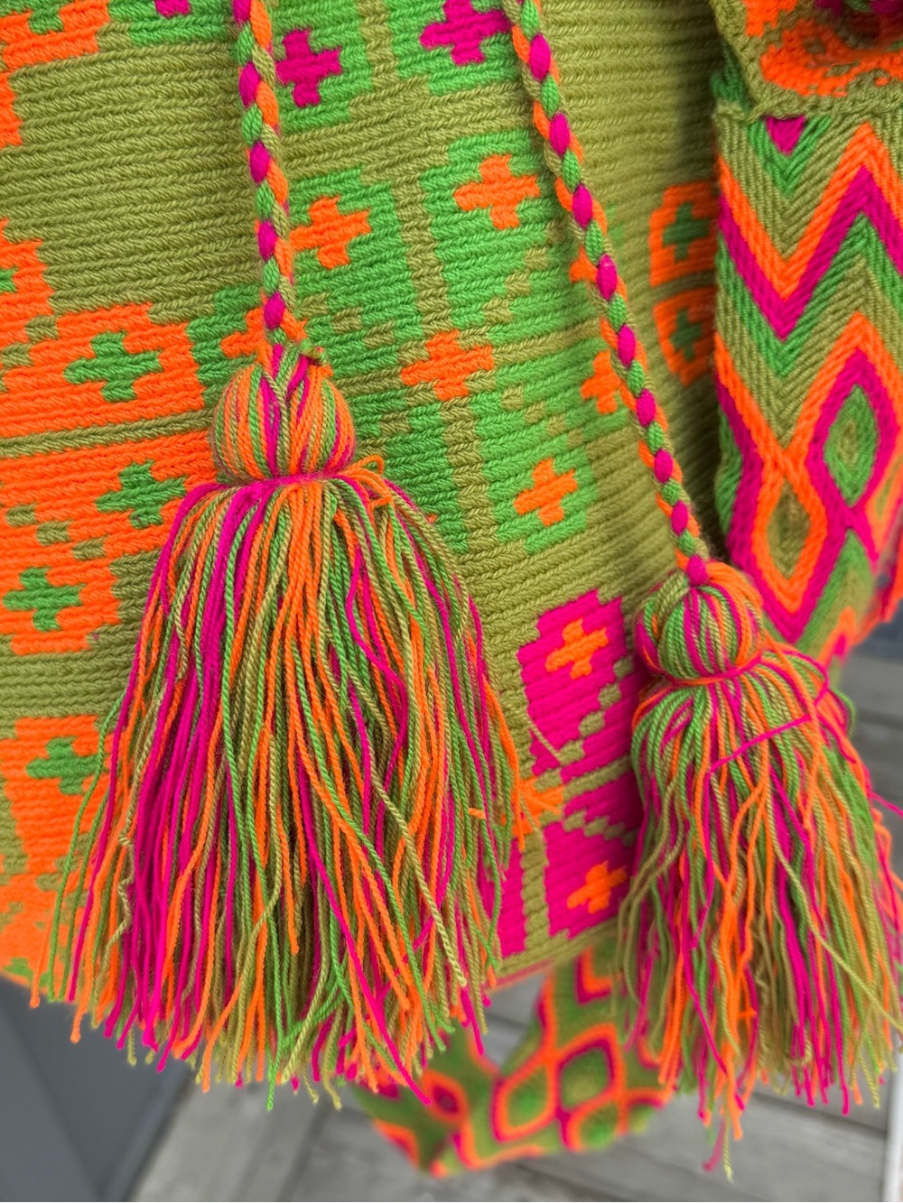 Colombian Wayuu Mochila Crossbody Bag | Green & Neon Pink Knit (Handwoven Boho) - Picture 11 of 17